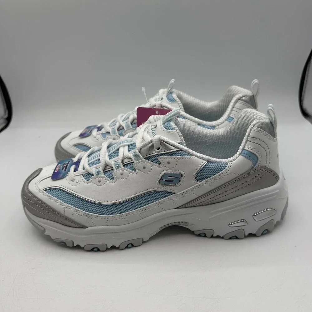 Skechers D'Lites Chromatic Shoes Womens Sz‎ 9.5 White/Silver/Light Blue Sneakers